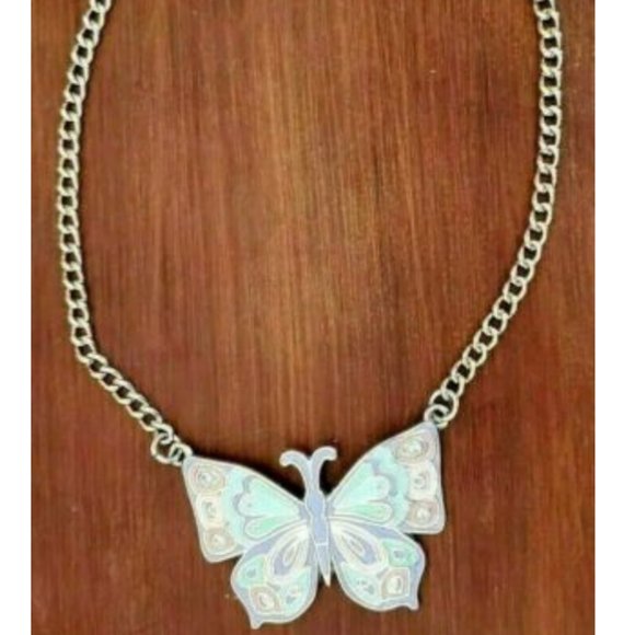Unknown Jewelry - Butterfly Pastel Colors Gold Toned Necklace Choker Figural Multicolor Enamel 18"